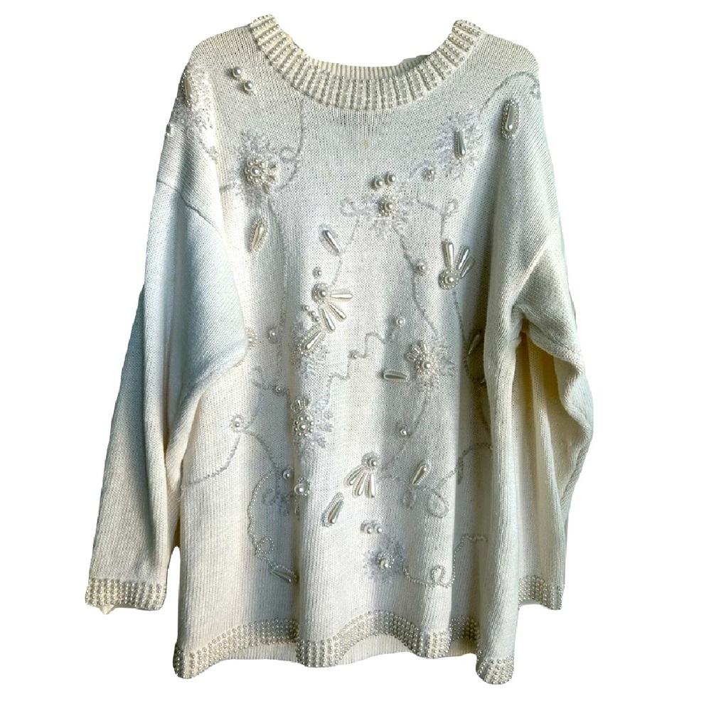 Pearl bead flower Christmas fancy embellished sweater white oversized vintage